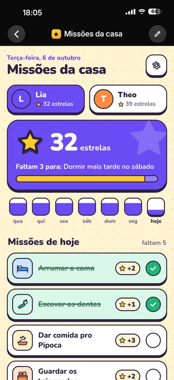 App Misiones de la casa: pestañas de Lia y Theo, 32 estrellas en el banco y las misiones de hoy, como tender la cama y lavarse los dientes.