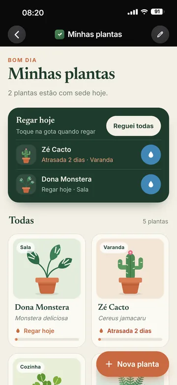 App Mis plantas: tarjeta de Regar hoy con dos plantas con sed y tarjetas ilustradas de cada planta con su próximo día de riego.