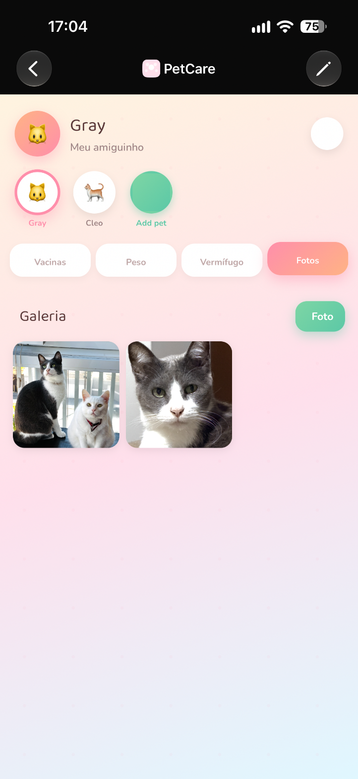 Pet — vacinas, peso, fotos